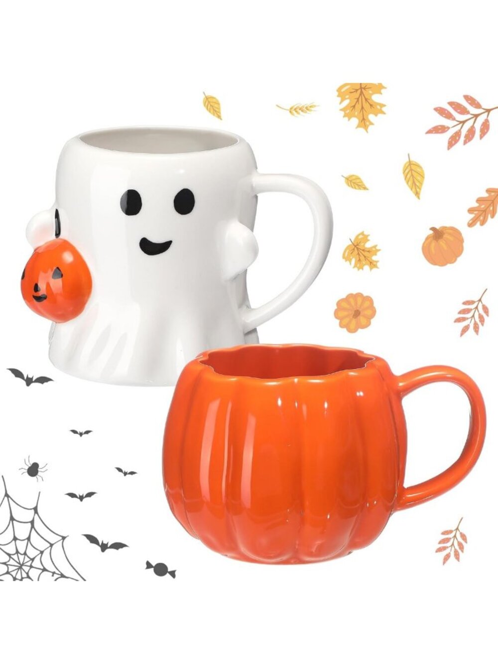 Set of 2 Halloween Ceramic Mugs - 14 oz, 3D Ghost & Pumpkin Design